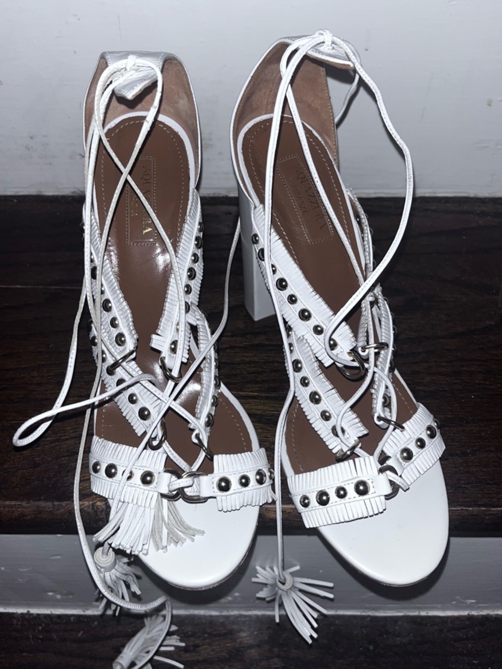 Aquazzura White Studded Thalia Lace-Up Block Heel Sandals